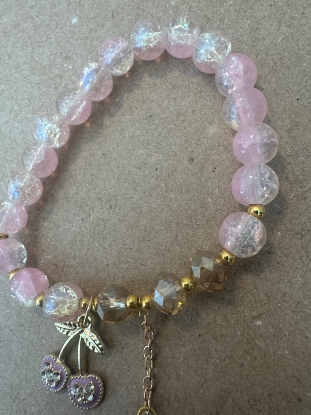 Pink Crackle Bead Bracelet with Cherry Charm - Picture 2 of 2